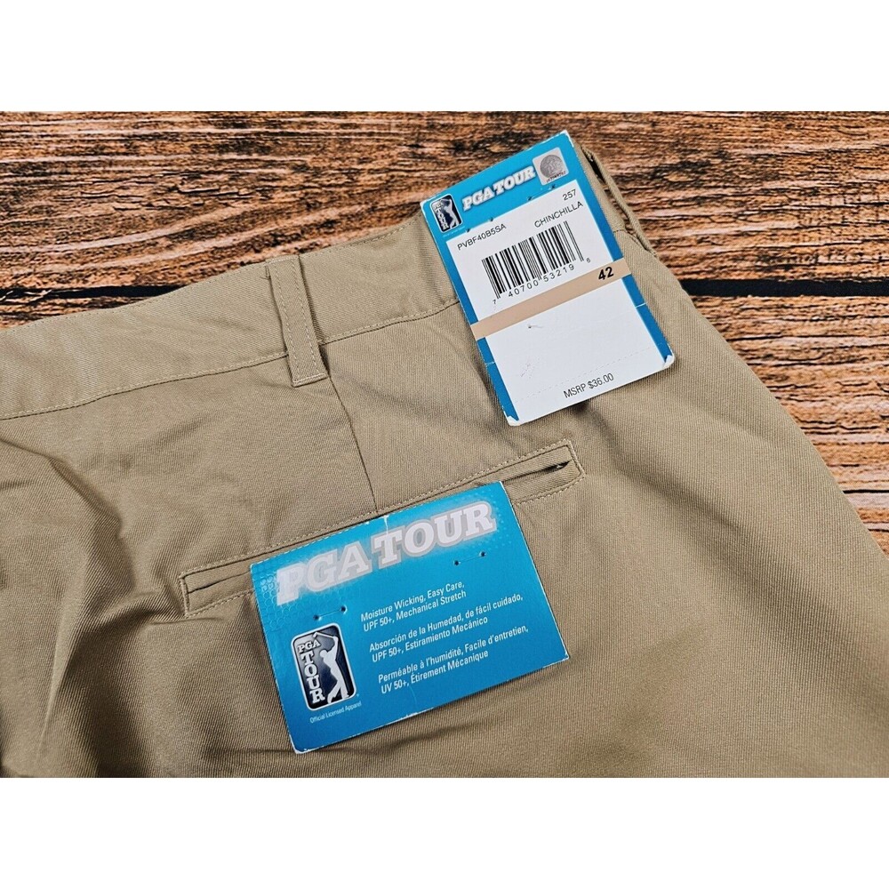 NWT PGA Tour Chinchills Mens 42 UPF50+ Golf Shorts Moisture Wicking Beige - Picture 2 of 10